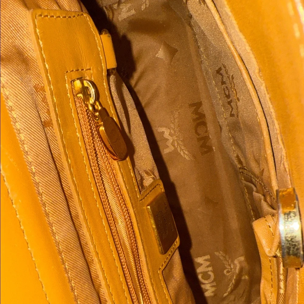 MCM Mini Cognac Leather Tote with Logo Pattern - Picture 12 of 16